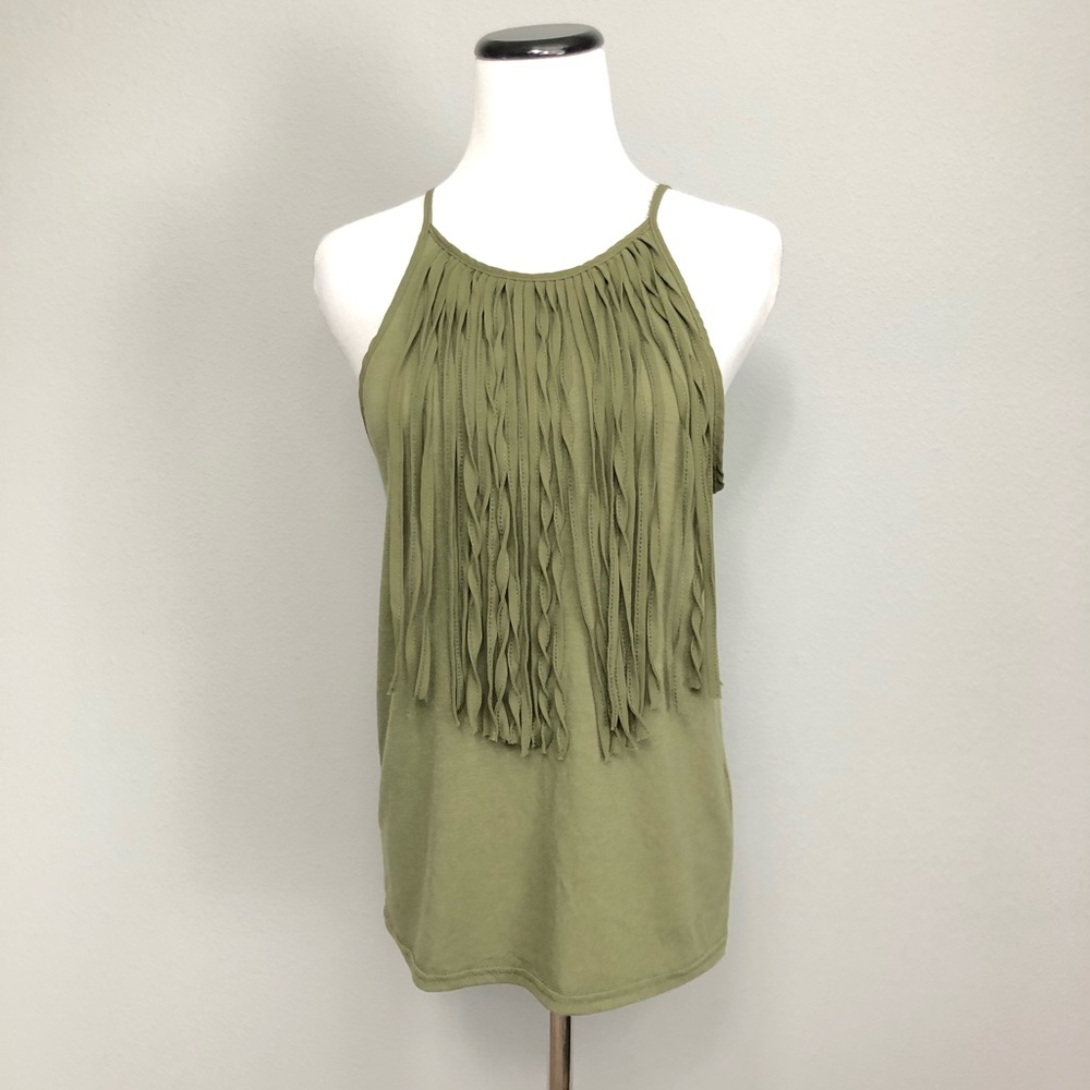 NWT Poof! Olive green tank with fringes M